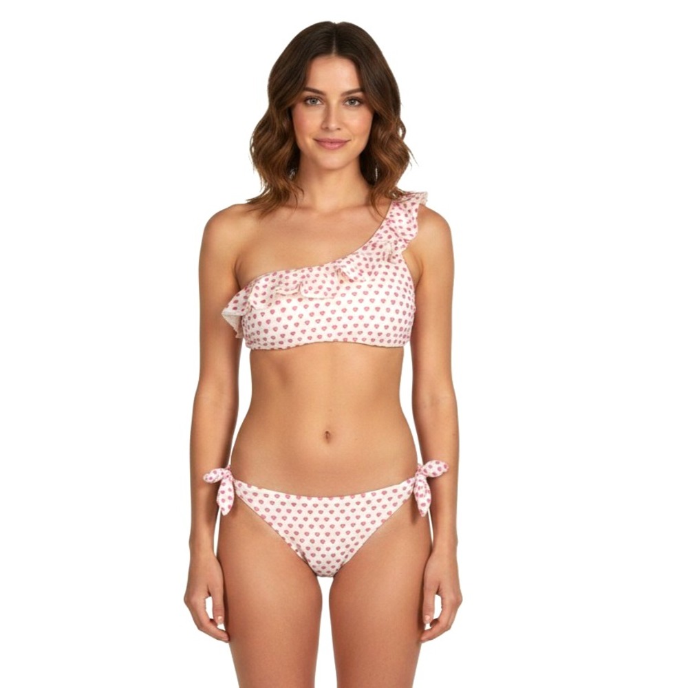 ROLLER RABBIT White w/PINK HEARTS Ruffle One-Shoulder BIKINI Swim Suit Set Sz S
